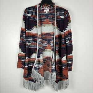 Lucky Brand Women's Open Front Cardigan Sz M /L Boho Aztec Southwestern Fringe